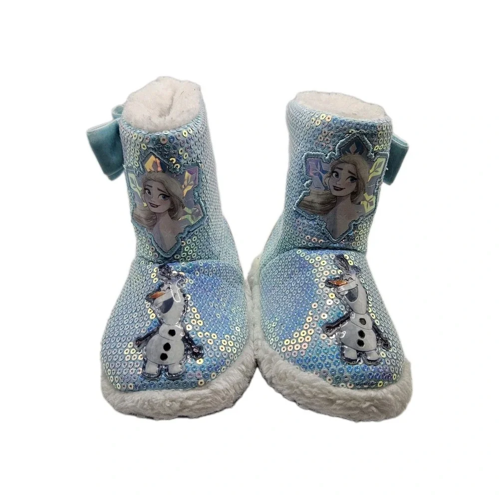 *Disney Frozen Blue Sequined Toddler Girls Slipper Booties Elsa‎ Olaf Sizes 7/8*
